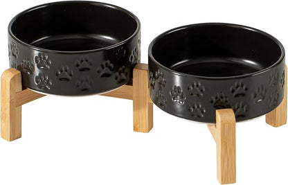 5.1" Raised Ceramic Pet Bowl Set, 1.6 Cup Two Dog Dishes with 2-Height Adjustable Stand,Elevated Food & Water Bowls for Toy Breed Dogs, Protects Cervical Spine (Double Bowls + Stand - Black, 5.1 inch)