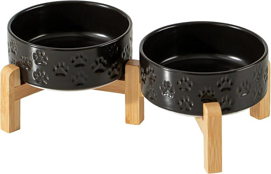 5.1" Raised Ceramic Pet Bowl Set, 1.6 Cup Two Dog Dishes with 2-Height Adjustable Stand,Elevated Food & Water Bowls for Toy Breed Dogs, Protects Cervical Spine (Double Bowls + Stand - Black, 5.1 inch)
