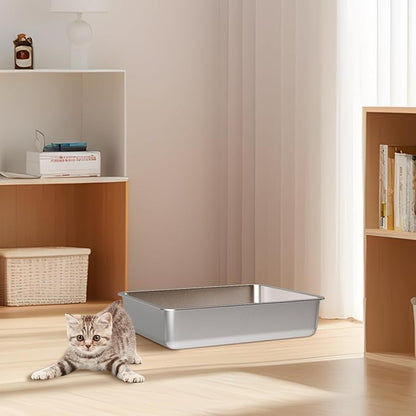 Stainless Steel Litter Box - 17.7" L x 13.77" W x 4" H Metal Cat Litter Box, Non Stick, No Smell, Easy Entry,Easy to Clean,Metal Litterbox for Kitten,Elderly Cats,Bunny