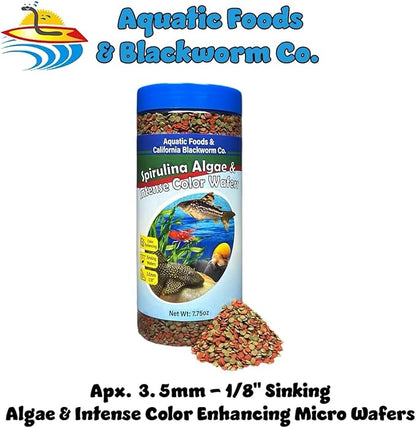 Aquatic Foods Inc. 3.5mm - 1/3" Small Sinking Wafers of Spirulina, Algae & Color Enhancing Wafers for Bottom Fish, Shrimp, Snails, All Tropical Fish. 4-Type Wafer & 12-Type Pellet Mix Included 12oz