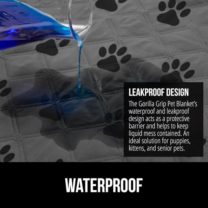 GORILLA GRIP Waterproof Dog Blanket, 82x82 Couch Cover for Dogs Washable, Protects Sofa, Furniture, Crate, Car, RV Essentials Pet Supplies, Tear and Slip Resistant Leakproof Cushion Cover, Gray Paw