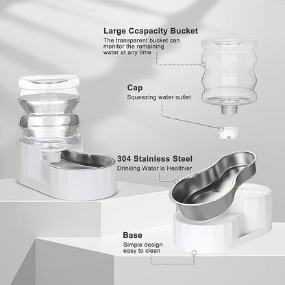 RIZZARI Gravity Water Bowl Dispenser for Cats: 3L White Stainless Steel Water Feeder Without Filter - 100% BPA-Free Automatic Dispenser Home Use