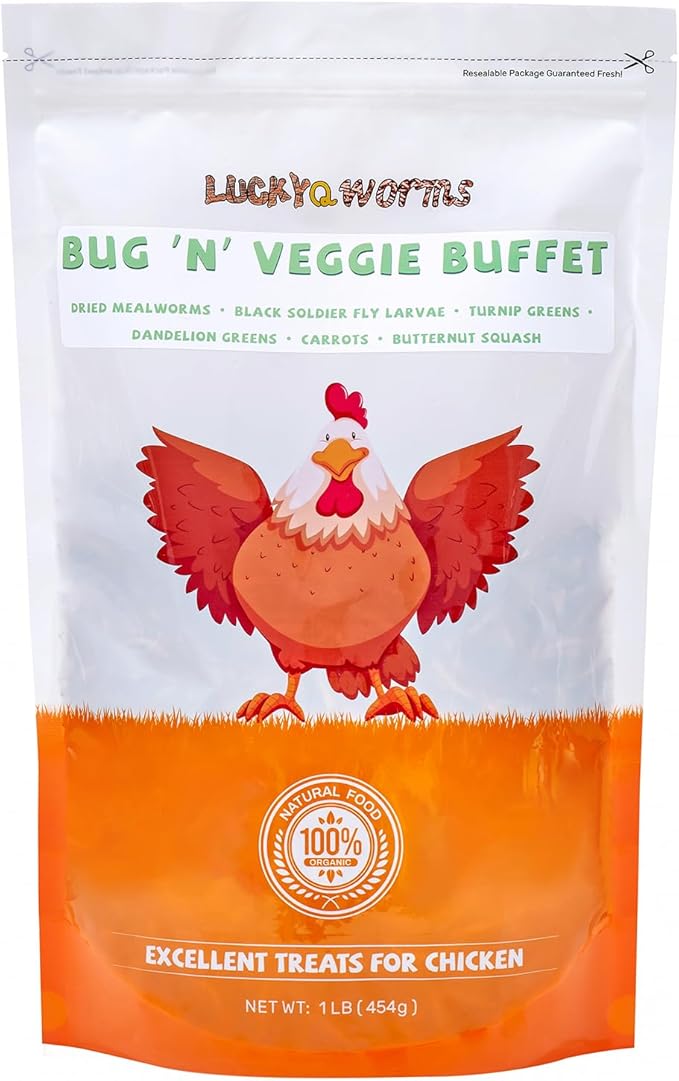 Worm & Garden Blend - Premium Treat for Chickens, Birds, Ducks, Reptiles & Hedgehogs - High Protein Feed with Dried Mealworms, BSFL, Veggies - 1 Lbs Resealable Bag Bug 'n' Veggie Buffet