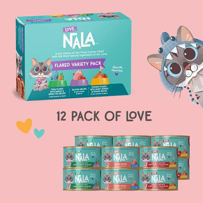 LOVE, NALA - Natural Adult Cat Wet Food - FLAKED Variety Pack - Salmon, Tuna, Chicken - Grain Free, Non-GMO, Lean Protein, Omega 3, Digestive Fiber Blend, Added Minerals & Vitamins - 12 Pack