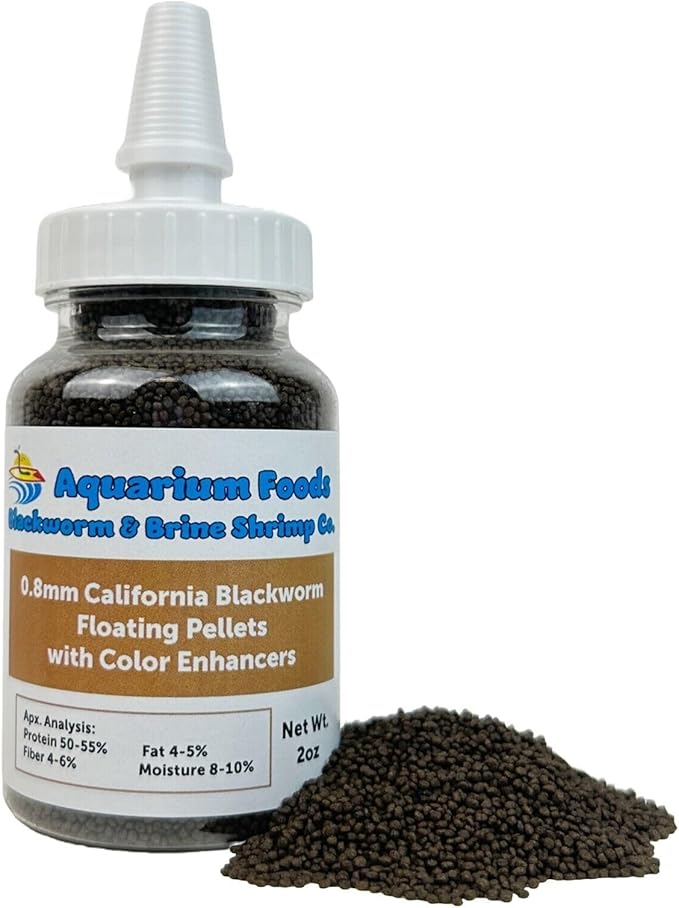 Aquatic Foods Inc. 0.8mm Micro California Blackworm Floating Pellets w/Color Enhancers & Vitamins for Guppies, Tetras, Bettas, Nano Fish, All Baby Fish…2oz Squeeze Bottle