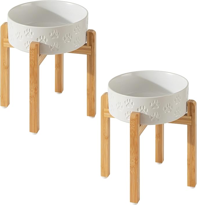 2 Pack Elevated Ceramic Dog Bowls, 8.3 inch Raised Dog Bowl for Large Sized Dogs, 10" Wide x 11" Tall, Dishwasher Safe (Double Bowls + Double Stands - White, 8 inch)