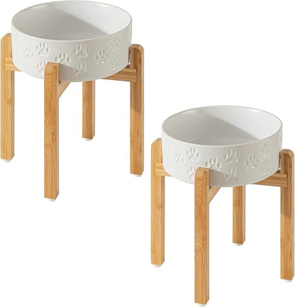 2 Pack Elevated Ceramic Dog Bowls, 8.3 inch Raised Dog Bowl for Large Sized Dogs, 10" Wide x 11" Tall, Dishwasher Safe (Double Bowls + Double Stands - White, 8 inch)