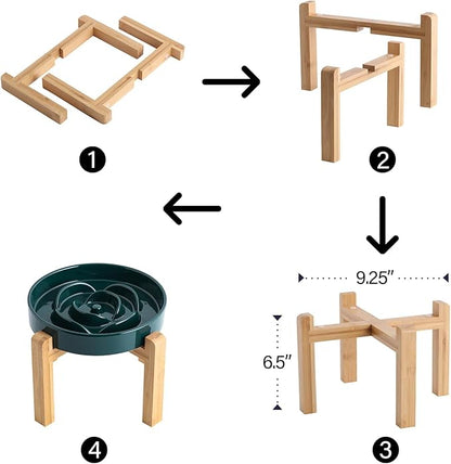 8.66 in Green Dog Bowl Ceramic Slow Feeder with Wood Stand for Small Medium Large Dogs, Elevated/Raised Slow Feeding Dog Dish to Slow Down Eating, Heavy Puppy Bowl for Fast Eaters