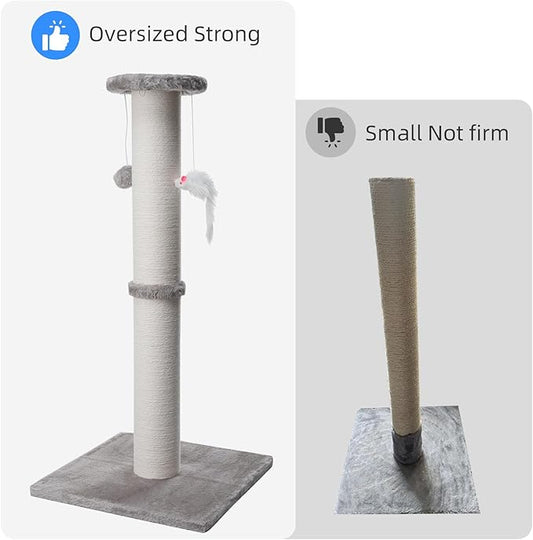 34 Inch Tall Cat Scratching Post for Multi Cat - Cat Scratching Post for Indoor Cats and Kitten with Velvet Large Diameter Scratching Post Top & 2 Hanging Ball Toy