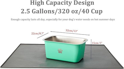 2.5 Gallons 40 Cup Non Slip Stainless Steel Large Dog Water Bowls, Outdoor Metal Dog Bowls Extra Large Breed, High Capacity Water Bowl for Big Giant Huge Dogs, Aqua