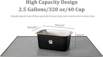 2.5 Gallons 40 Cup Non Slip Stainless Steel Large Dog Water Bowls, Outdoor Metal Dog Bowls Extra Large Breed, High Capacity Water Bowl for Big Giant Huge Dogs, Black