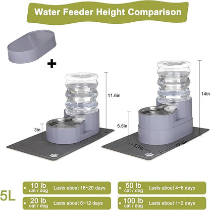 RIZZARI Automatic Pet Water Dispenser: 5L Gray Cats and Dogs Gravity Feeder - Stainless Steel Bowl - Outdoor Hiking Use