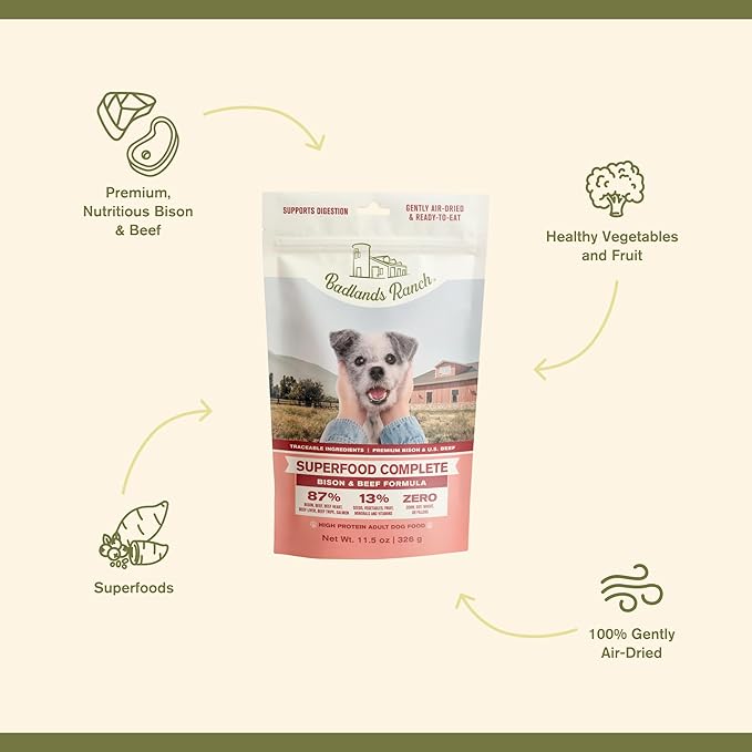 Superfood Complete, Air-Dried Adult Dog Food - High Protein, Zero Fillers, Superfood Nutrition by Katherine Heigl (11.5 oz, Beef & Bison Formula)