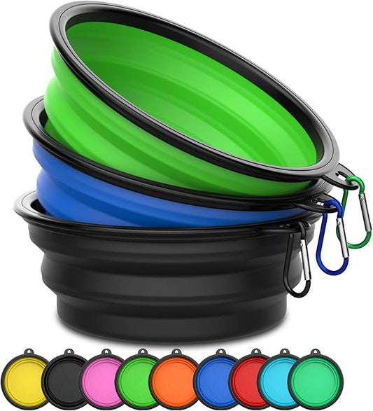 Takfox Collapsible Dog Bowls [3 Pack] 20 oz, Travel Dog Bowls, Pet Bowl Portable Foldable Water Food Feeding Dishes with Carabiner Clip for Traveling Hiking Walking-Black & Green & Blue