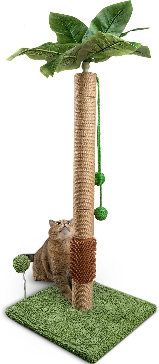 ANWA 35" Tall Cat Scratching Post for Kitten and Large Cats, Scratching Post for Indoor Cats with Self-Grooming Rubber Brush, Cat Sisal Post with Simulated Leaves