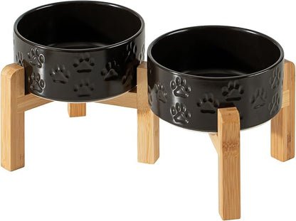 6" Raised Ceramic Dog Bowl Set, 3.5-Cup Dog Dishes with Two-Height Stand, Elevated Food and Water Bowls for Small Breed Dogs, Microwave Safe (Double Bowls + Stand - Black, 6 inch)