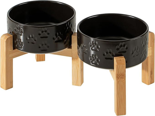 6" Raised Ceramic Dog Bowl Set, 3.5-Cup Dog Dishes with Two-Height Stand, Elevated Food and Water Bowls for Small Breed Dogs, Microwave Safe (Double Bowls + Stand - Black, 6 inch)