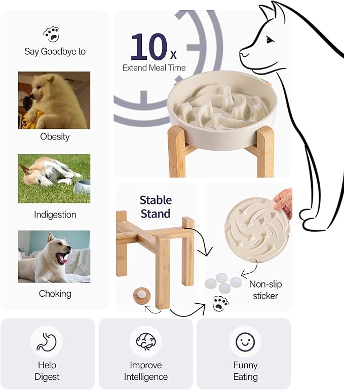 8.26 in Milk White Dog Bowl Slow Feeder Ceramic for Medium and Large Breed,Elevated/Raised Slow Feeding Dog Food Water Dish Heavy Weighted,Puppy Dish for Fast Eaters,Puzzle Eating Bowl Meteor