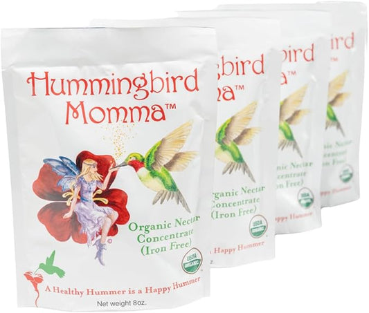 USDA Organic Hummingbird Nectar, Iron-Free, 4 x 8oz Concentrate Pouches, All-Natural, Dye-Free Nectar for Backyard Feeders, Hummingbird Food Mix for Outdoor Bird Lovers