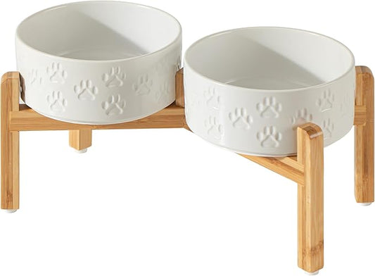 7.3" Raised Ceramic Pet Bowl Set, 2 Non-Slip Dog Dishes with Stand, Elevated Food & Water Bowls for Medium Breed Dogs, Protects Cervical Spine (Double Bowls + Stand - White, 7.3 inch)