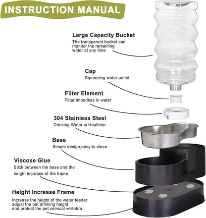 RIZZARI Upgraded Automatic Dog Water Dispenser: 9L Black Gravity Large Stainless Steel Raised Pet Feeder with Filter - Includes 2 Extra Filters & 2 Bottle Caps - Pet Feeder for Dogs Indoor Outdoor
