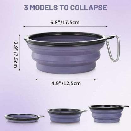 Dog Bowl Pet Collapsible Bowls, 2 Pack Collapsible Dog Water Bowls for Cats Dogs, Portable Pet Feeding Watering Dish for Walking Parking Traveling with 2 Carabiners (Large, Purple & Concrete Gray)