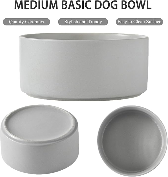 6'' Ceramic Dog Bowl - 30Oz Classic Dogs Food & Water Bowl for Small and Medium Breed Dogs, Heavy Duty Non-Slip Dog Dishes, Food Grade Stoneware Pet Bowl, Dishwasher & Microwave Safe, Grey
