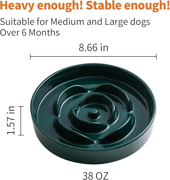 8.66 in Green Dog Bowl Ceramic Slow Feeder with Wood Stand for Small Medium Large Dogs, Elevated/Raised Slow Feeding Dog Dish to Slow Down Eating, Heavy Puppy Bowl for Fast Eaters