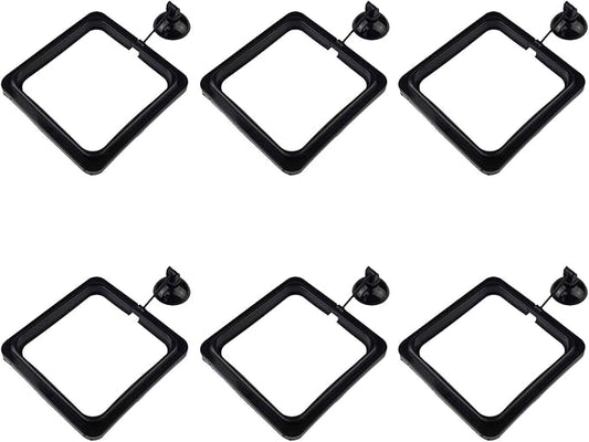 6 Pack Aquarium Fish Feeding Ring Floating Food Feeder, Square Shape with Suction Cup, Black