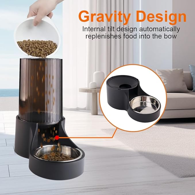 Automatic Cat Feeder, 3.8L Large Gravity Cat Food Dispenser with Detachable Top Lid, Visible Bottle and Stainless Steel Bowl for Pets (Full Black)