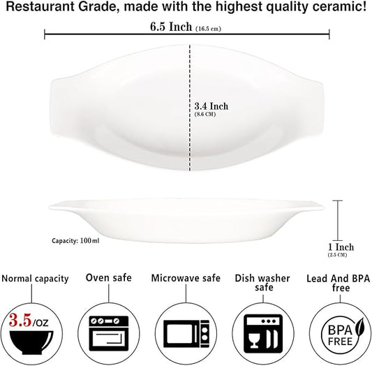 4" x 3"Ceramic Mini Oval Au Gratin Baking Dishes 3.5 oz, Set of 4 Banana Split Bowls,Oven and Microwave Safe, for 1 person servings, Bakeware with Handle(6.5 IN) for Kitchen and Home