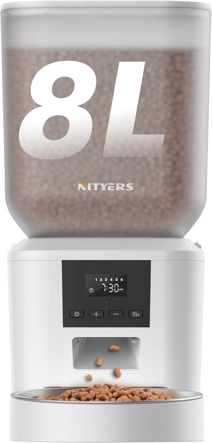Automatic Dog Feeder - 8L/34 Cups Large Capacity Automatic Cat Food Dispenser with LCD Screen, Large Food Tray, Battery Operated, Timed Cat Feeder, Up to 50 Portions 6 Meals Per Day, Keeps Fresh