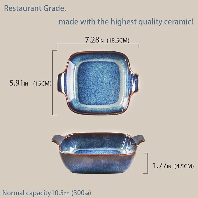 Ceramics Au Gratin baking Dishes Set of 4, Baking Tray Bake ware, 10.5 oz Ramekins, for Pie Pan, Appetizer, Tart, Dessert, Quiche, Oven Small dish, individual dishes, Square 7.3 Inch