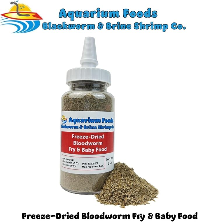 Aquatic Foods Inc. Freeze-Dried Bloodworm Powder & Particles for Tropical Fish Fry, Babies, Guppies, Tetras, Bettas, Nano Fish…1.5oz Squeeze Bottle