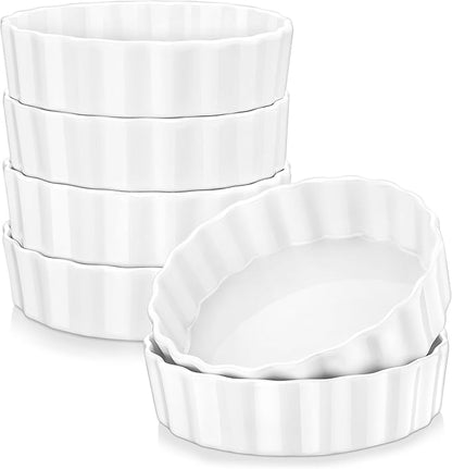 LOVECASA Porcelain Ramekins 8 Oz Oven Safe Set of 6 - Shallow Creme Brulee Dishes for Baking, Soufflés, Custards, Fluted Quiche Pans, Chip-Resistant & Stackable, White