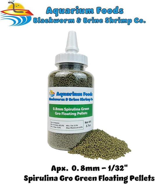 Aquatic Foods Inc. 0.8mm Micro Spirulina Green GRO Floating Pellets for Guppies, Tetras, Bettas, Nano Fish, All Baby Fish…3.7oz Squeeze Bottle
