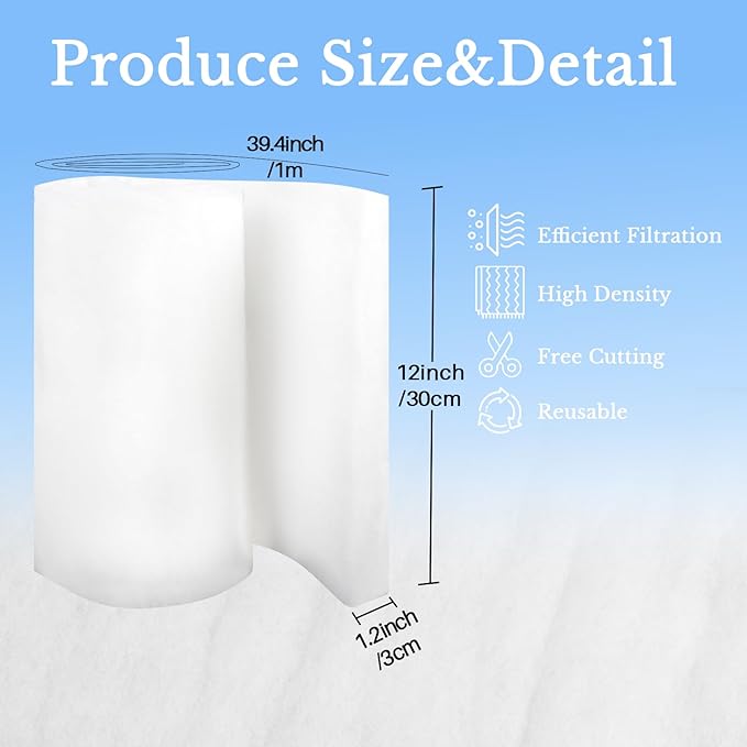 Aquarium Filter Pad - Aquarium Filter Media,39.4 x 11.8in Media Roll for Fish Tank, Ponds,Garden, Saltwater,Fershwater,Plant, Trutle(White) (2)