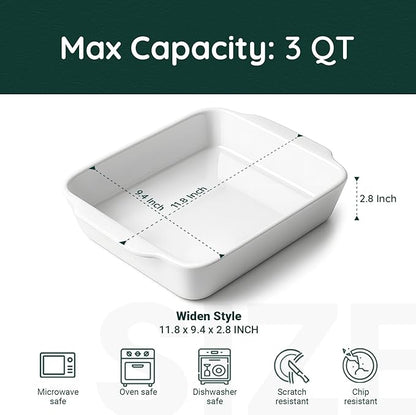 3 QT Wide Ceramic Baking Dish, White Casserole Dish with, Lasagna Pan for Oven, Ceramic Baking Pan, Kitchen Decor, Microwave Oven Safe, Dinner, Wedding（9.4" x 11.8"）