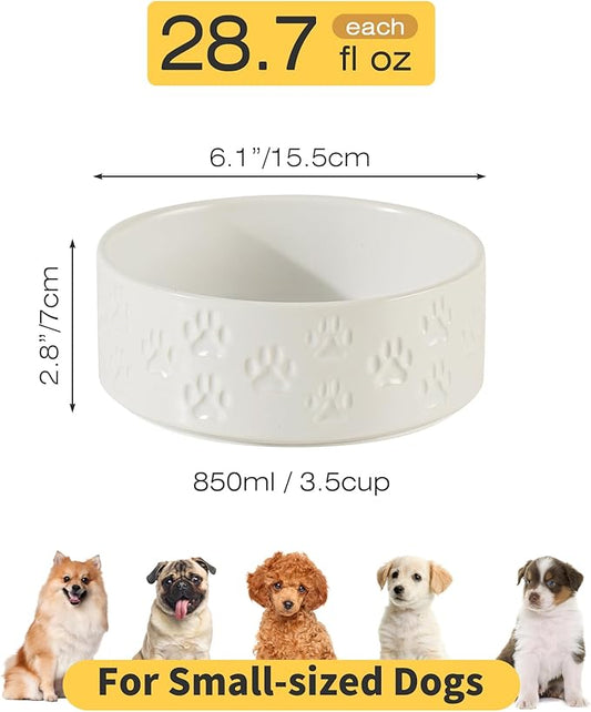 3.5 Cup Ceramic Dog Bowl Set with Anti-Slip Rings for Small Breed Dogs, 6" Food and Water Bowls, Pet Dishes for Small-Sized Dogs (Double Bowls - White, 6 inch)