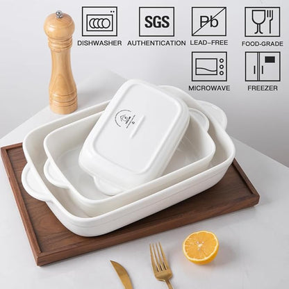 Sweejar Casserole Dishes for Oven, Ceramic Bakeware Set of 3, Lasagna Pan Deep with Handle, Rectangular Baking Pan Set, 9x13 Baking Dish for Cooking, Banquet and Daily Use (White)
