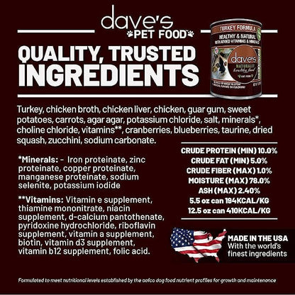 Dave's Pet Food Grain Free Wet Cat Food Pate (Turkey), Made in USA Naturally Healthy Canned, Added Vitamins & Minerals, Carrageenan-Free, 5.5 oz Cans (24 Pack)