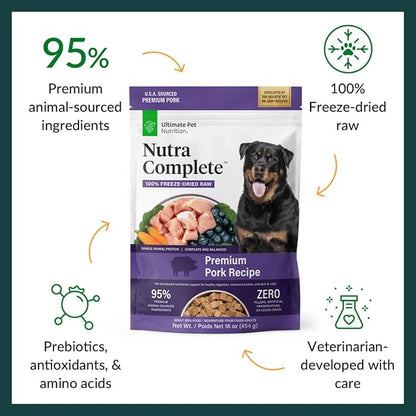 ULTIMATE PET NUTRITION Nutra Complete, 100% Freeze Dried Veterinarian Formulated Raw Dog Food with Antioxidants Prebiotics and Amino Acids, (1 Pound, Pork)