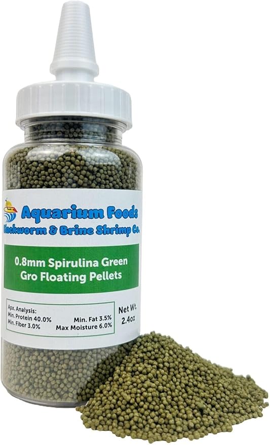 Aquatic Foods Inc. 0.8mm Micro Spirulina Green GRO Floating Pellets for Guppies, Tetras, Bettas, Nano Fish, All Baby Fish…2.4oz Squeeze Bottle
