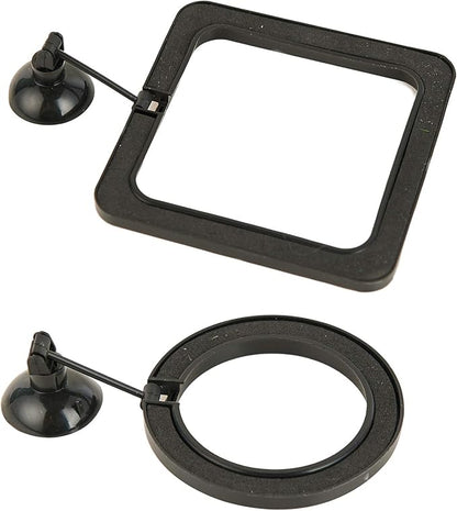 ZRDR Fish Feeding Ring, 2 Pack Black Aquarium Floating Food Feeder Circle Small Round and Square with Flexible Lever Suitable and Suction Cup, Reduces Fish Feeder Waste and Maintains Water Quality