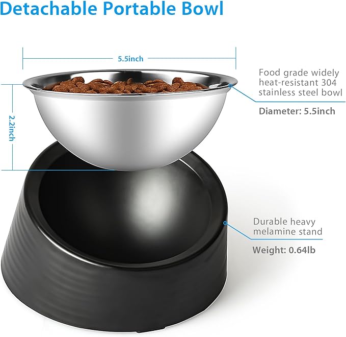 Tilted Slanted Dog Bowl 1 Cup, 15° Tilted Stainless Steel Dog Cat Food Bowl, Non-Slip & Non-Spill Pet Feeder with Elevated Detachable Melamine Stand, Easy to Get Food Dish, Medium Black