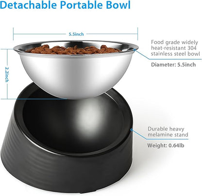 Tilted Slanted Dog Bowl 1 Cup, 15° Tilted Stainless Steel Dog Cat Food Bowl, Non-Slip & Non-Spill Pet Feeder with Elevated Detachable Melamine Stand, Easy to Get Food Dish, Medium Black