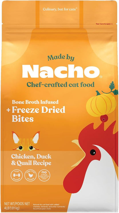 Made by Nacho Dry Cat Kibble 4lb Bag, High Protein Premium Cat Food with Freeze Dried Pieces, Cage-Free Chicken & Duck, Limited Ingredients, Single Bag