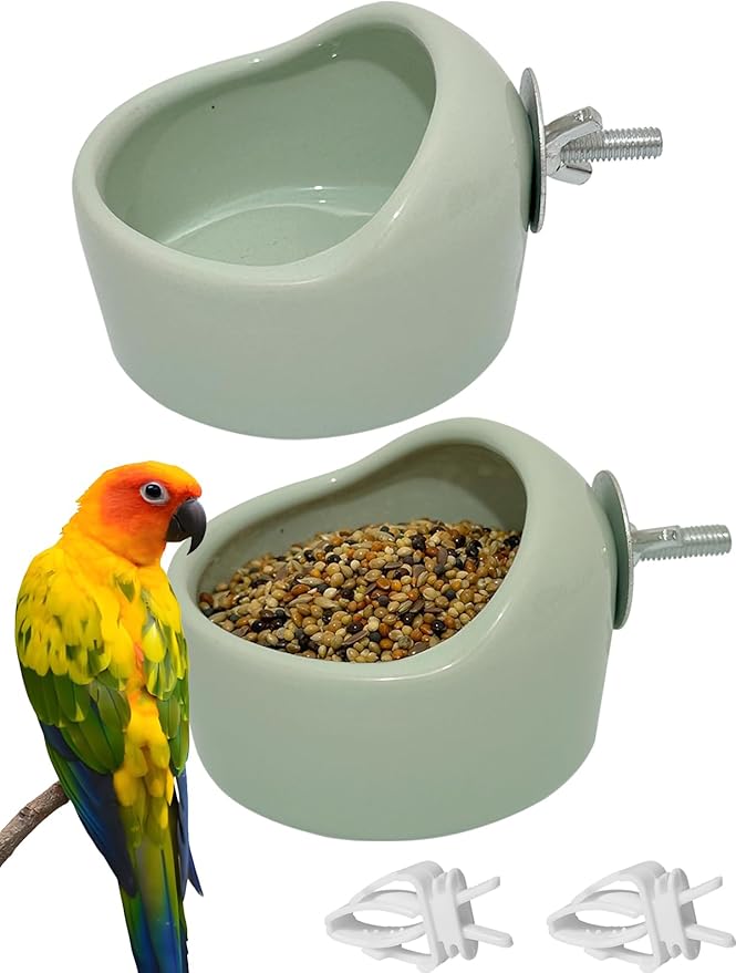 2PCS Birds Feeding Dish Cups Ceramic Bird Cage Food Bowls, Bird Cage Feeder Hanging Parrot Food Bowl for Budgie Finches Lovebirds Cockatiels (Green)