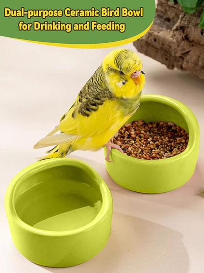 2 Pcs Ceramic Bird Food Bowls Parakeet Cage Water Bowl Birds Feeding Dish Parrot Water Feeder for Cage for Parakeets Conure Cockatiels Lovebird Budgie (Green)