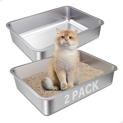 Stainless Steel Litter Box 2 Pack,Small to Medium Litter Box for Kittens 17.5" x 13.5" x 4",Easy Clean Non Stick Easy Entry No Smell Metal Litterbox for Kitty/Rabbits